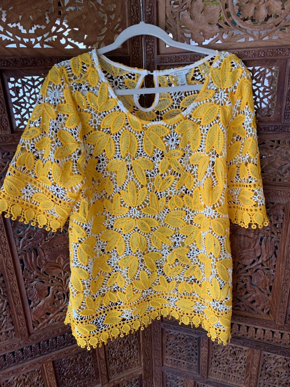 Yellow/White eyelet embroidered top size large